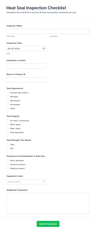 Heat Seal Inspection Checklist Form Template