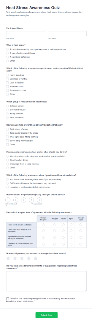 Heat Stress Awareness Quiz Form Template