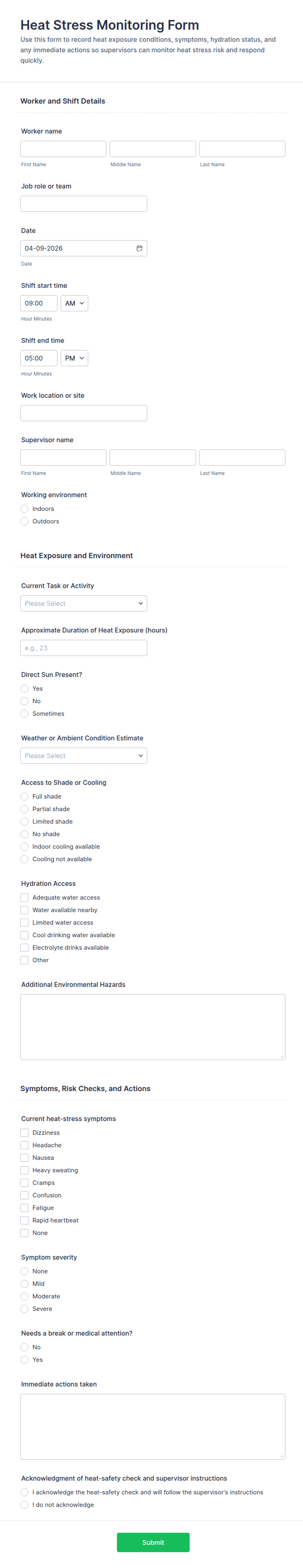 Heat Study Form Heat Stress Monitoring Form Template | Jotform