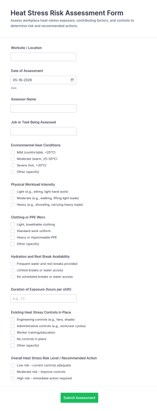 Heat Stress Risk Assessment Form Template
