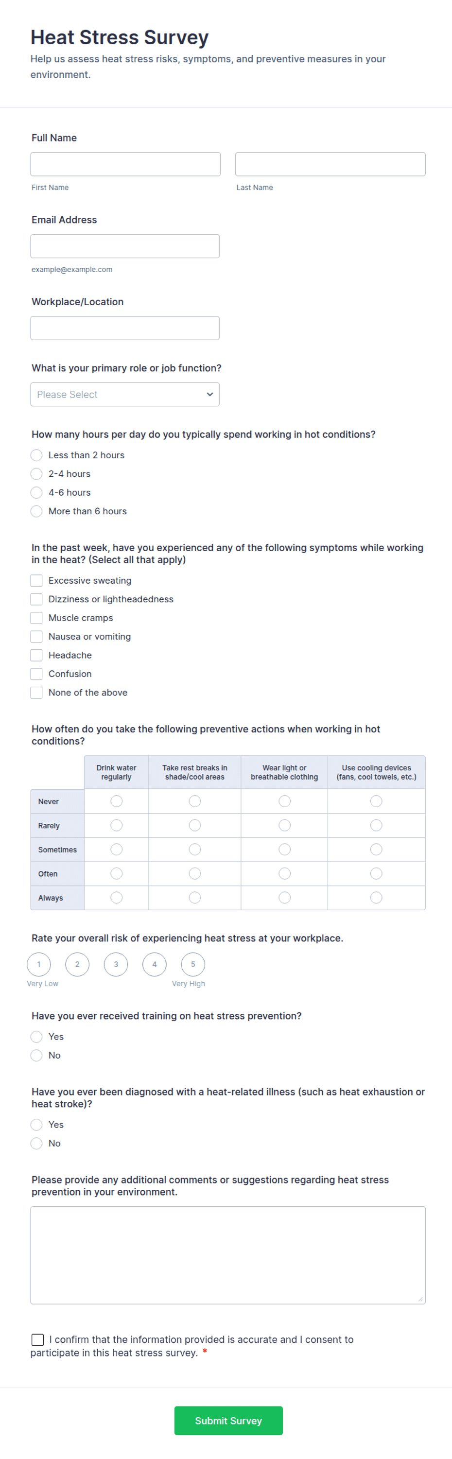 Heat Stress Survey Form Template | Jotform