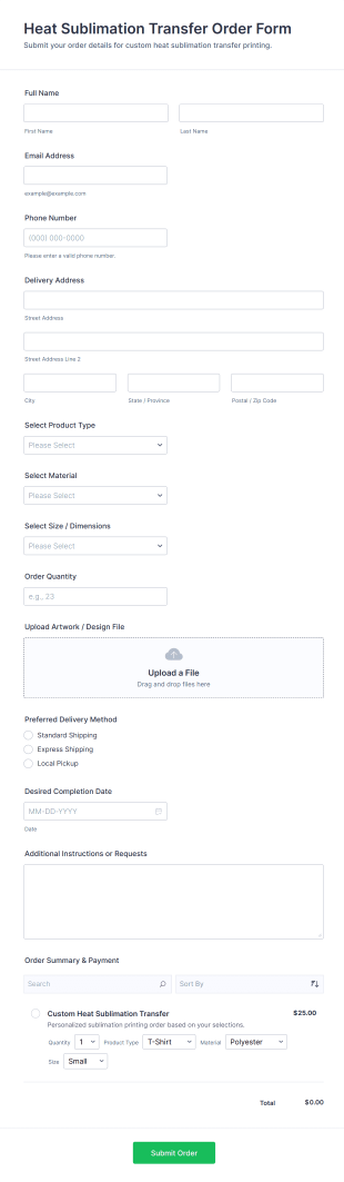 Heat Sublimation Transfer Order Form Template