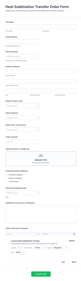 Heat Sublimation Transfer Order Form Template