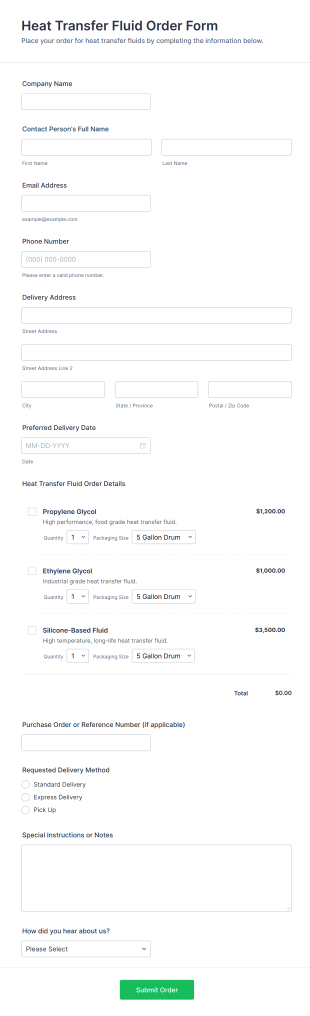 Heat Transfer Fluid Order Form Template