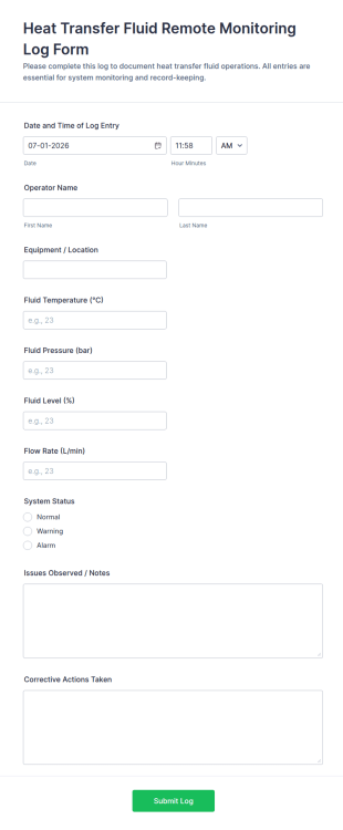 Heat Transfer Fluid Remote Monitoring Log Form Template