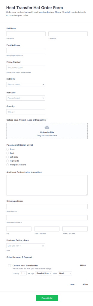 Heat Transfer Hat Order Form Template