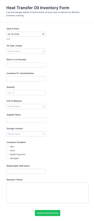 Heat Transfer Oil Inventory Form Template