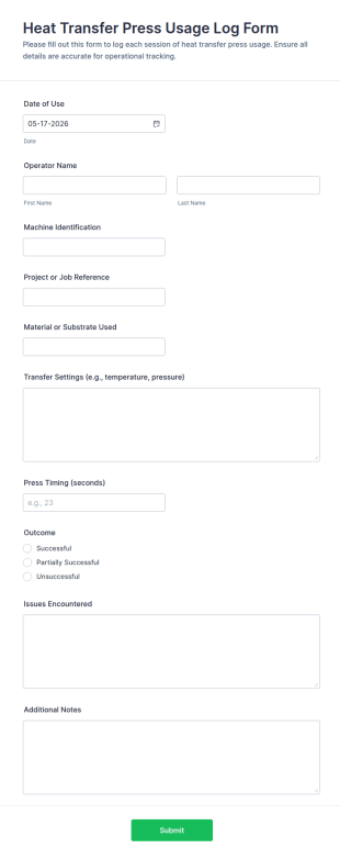 Heat Transfer Press Usage Log Form Template