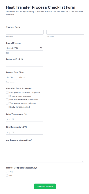 Heat Transfer Process Checklist Form Template
