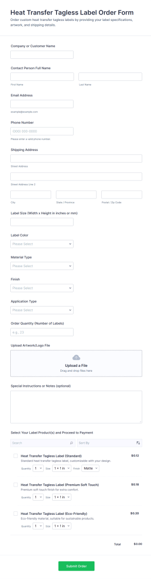 Heat Transfer Tagless Label Order Form Template