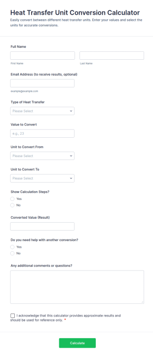 Heat Transfer Unit Conversion Calculator Form Template