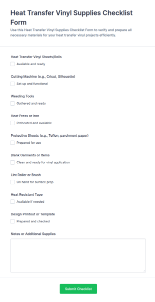 Heat Transfer Vinyl Supplies Checklist Form Template