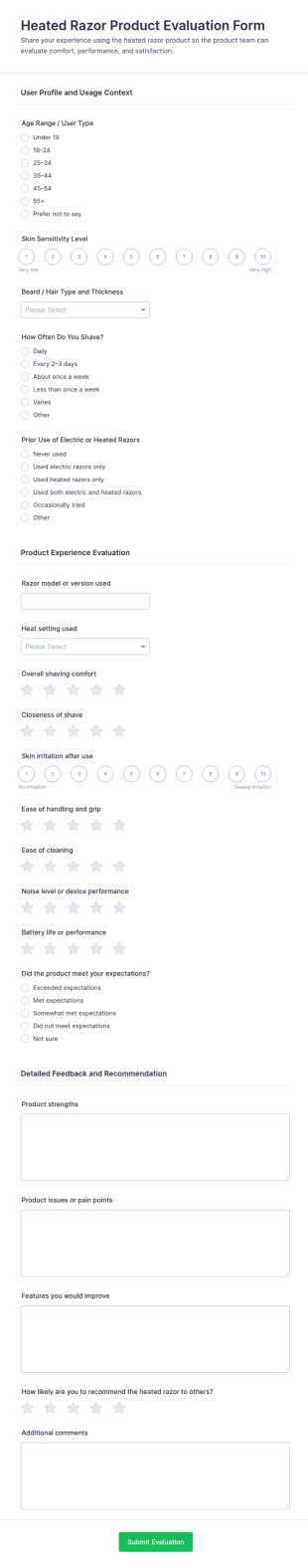 Heated Razor Product Evaluation Form Template