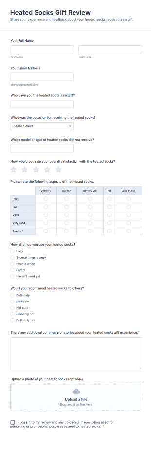 Heated Socks Gift Review Form Template