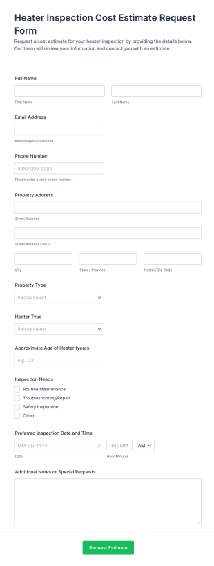 Heater Inspection Cost Estimate Request Form Template