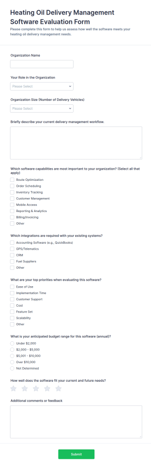 Heating Oil Delivery Management Software Evaluation Form Template