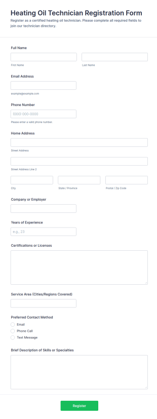 Heating Oil Technician Registration Form Template