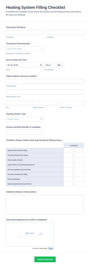 Heating System Filling Checklist Form Template