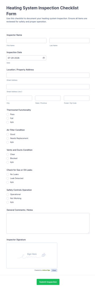 Heating System Inspection Checklist Form Template