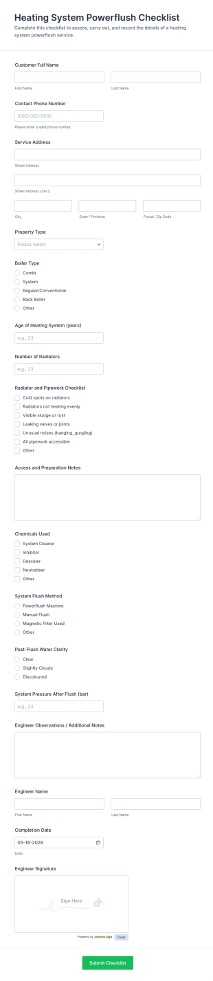 Heating System Powerflush Checklist Form Template