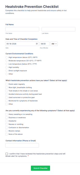 Heatstroke Prevention Checklist Form Template