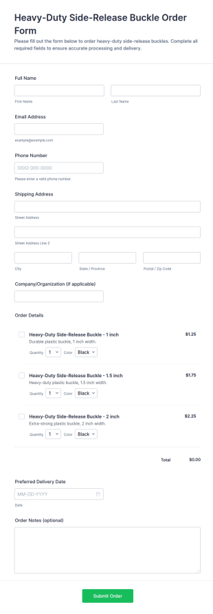 Heavy Duty Side Release Buckle Order Form Template