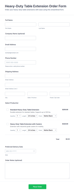 Heavy Duty Table Extension Order Form Template