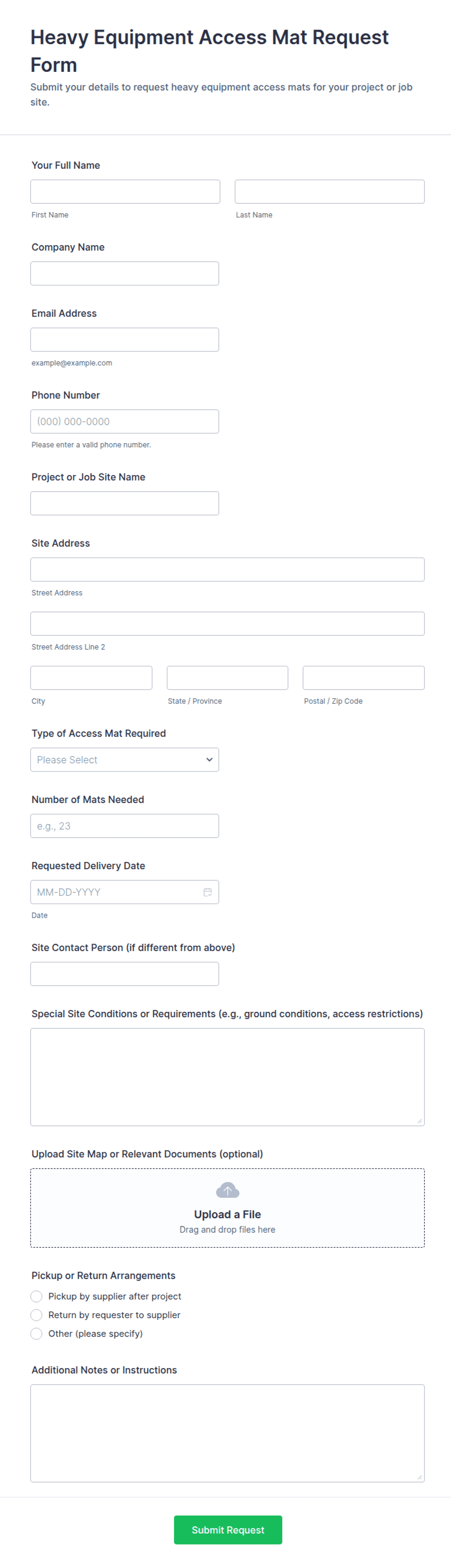 Heavy Equipment Access Mat Request Form Template | Jotform