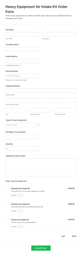 Heavy Equipment Air Intake Kit Order Form Template