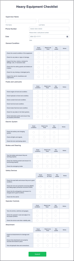 Heavy Equipment Checklist Form Template