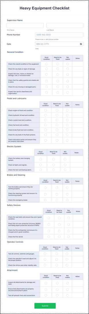 Heavy Equipment Checklist Form Template
