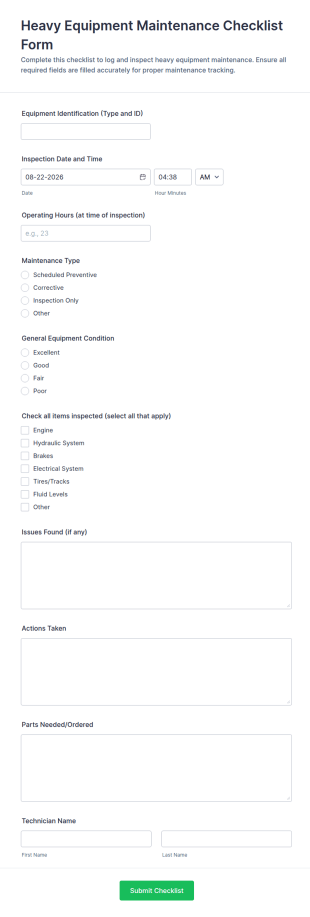 Heavy Equipment Maintenance Checklist Form Template