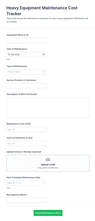 Heavy Equipment Maintenance Cost Tracker Form Template