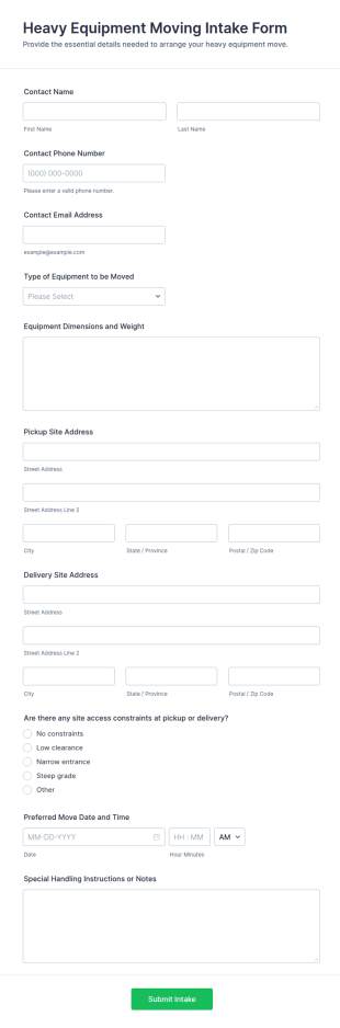 Heavy Equipment Moving Intake Form Template