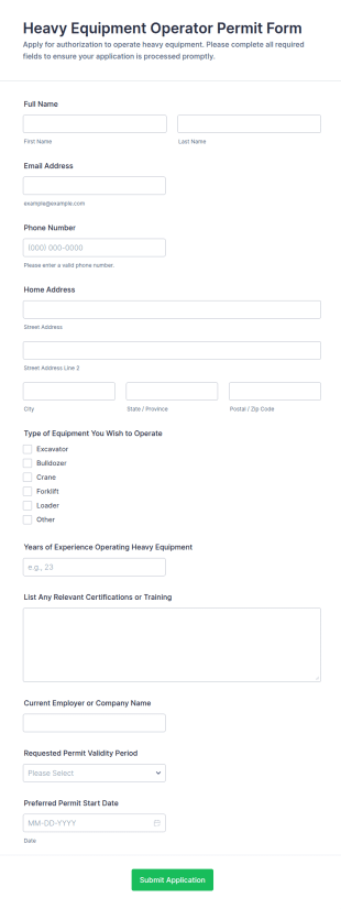 Heavy Equipment Operator Permit Form Template