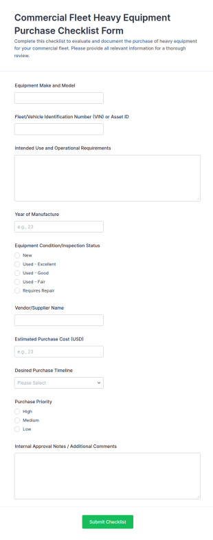 Heavy Equipment Purchase Checklist Form Template