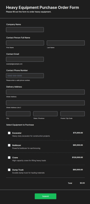 Heavy Equipment Purchase Order Form Template