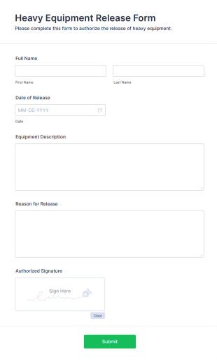 Heavy Equipment Release Form Form Template
