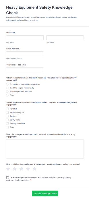 Heavy Equipment Safety Knowledge Check Form Template