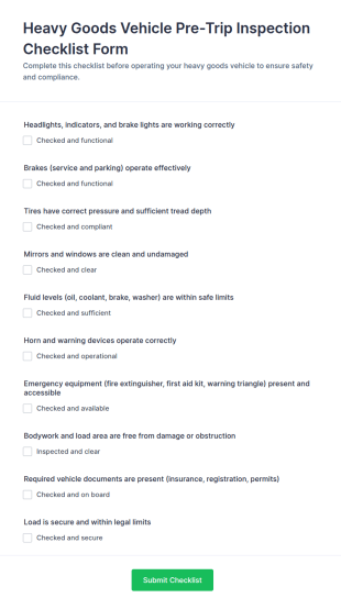 Heavy Goods Vehicle Pre Trip Inspection Form Template