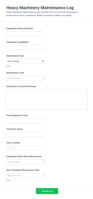 Heavy Machinery Maintenance Log Form Template