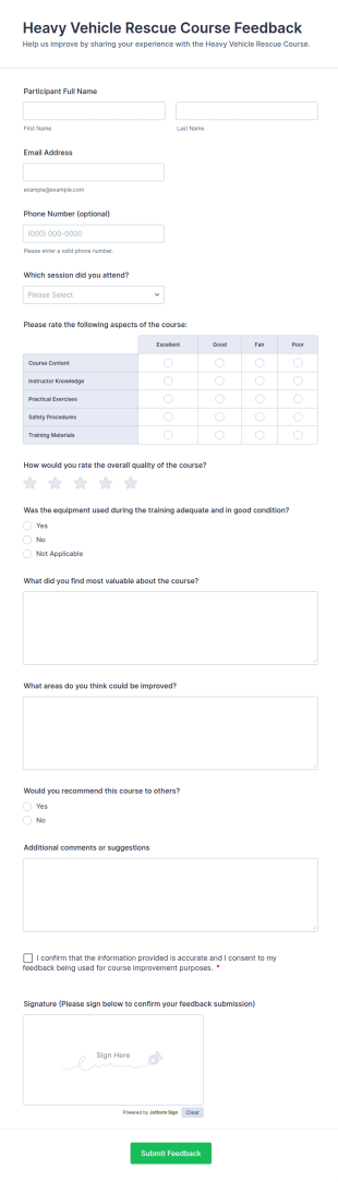 Heavy Vehicle Rescue Course Feedback Form Template