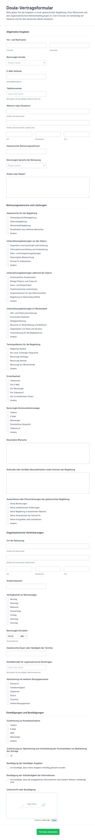 Hebammenbetreuungsvertrag Form