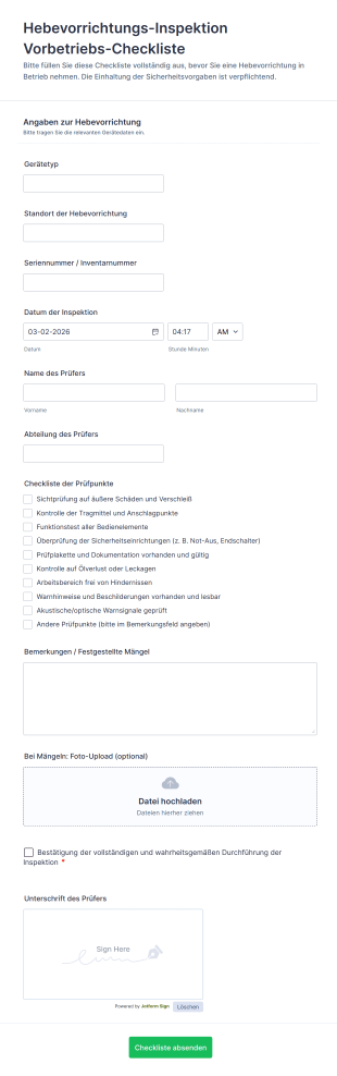 Hebevorrichtungs Inspektion Vorbetriebs Checkliste