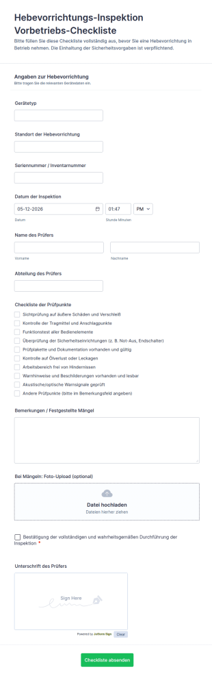 Hebevorrichtungs Inspektion Vorbetriebs Checkliste