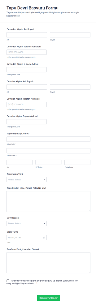 Tapu Devri Başvuru Form Şablonu
