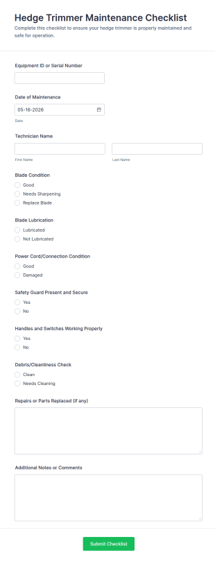 Hedge Trimmer Maintenance Checklist Form Template