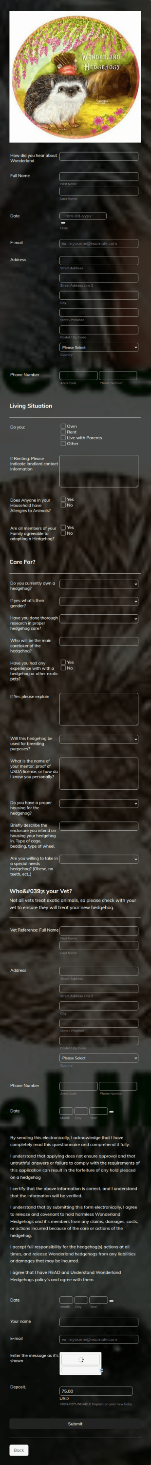 Hedgehog Adoption Application Form Template