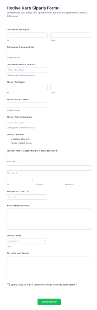 Hediye Kartı Sipariş Form Şablonu