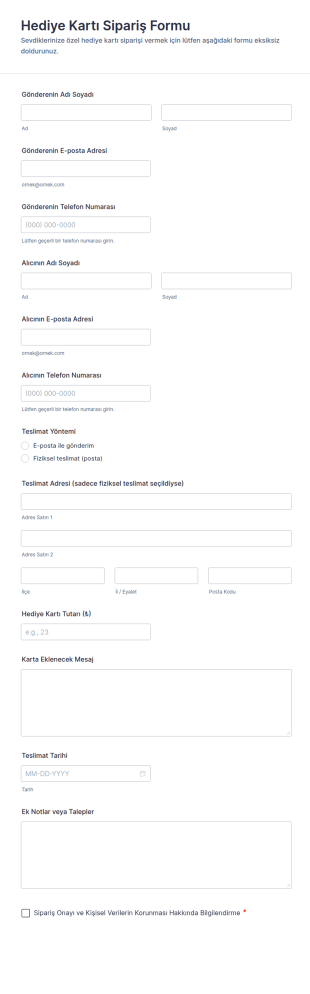 Hediye Kartı Sipariş Form Şablonu